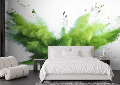 green splash painting on white background, green powder dust paint green explosion explode burst isolated splatter abstract. green smoke or fog particles explosive special effect Wall mural