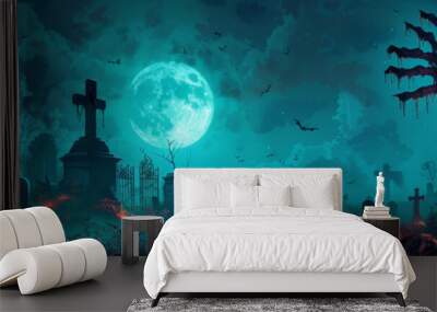 halloween background, Hand of the zombie coming out from ground on  full moon night sky with fog and tombstones background, scarry night horror, banner Wall mural