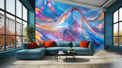 holographic wave background with light refraction and reflection. rainbow foil texture. Soft holographic pastel unicorn marble background Wall mural