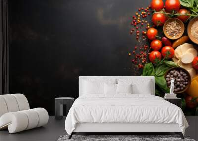 Italian food ingredients on dark background .Food ingredients for italian pasta, spaghetti on black stone slate background. Copy space of your text. Banner Wall mural