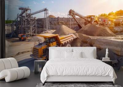 Large dump truck transporting coal in a rugged quarry with steep rock walls and heavy industrial equipment on a sunny day. Wall mural