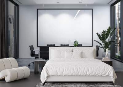 meeting room in  modern office interior  with blank white board , glass walls and black chairs, empty Conference room  Wall mural