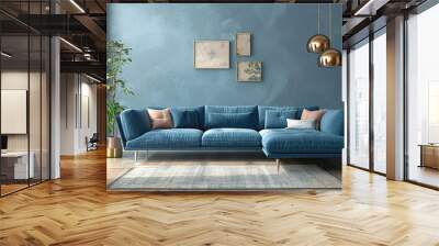 modern living room, Stylish apartment interior with modern kitchen. modern home on blue wall Wall mural