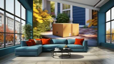 Online shopping delivery service concept. Cardboard parcel box delivered to the front door. fast shopping Wall mural