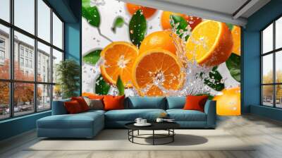 Orange fruit with cut half sliced and green leaf flying in the air isolated on white background.Falling juicy oranges with green leaves isolated on white background . Wall mural