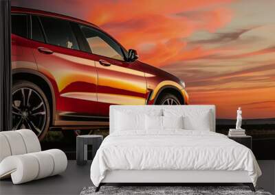 red car on road at sunset Wall mural