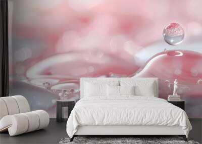 red pink abstract oil bubbles or face serum background. pink Oil and water bubbles molecule ,pink Bubbles oil or collagen serum for cosmetic product, banner poster Wall mural