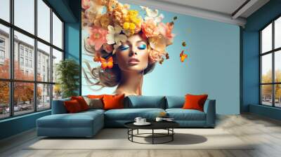 Surreal abstract woman portrait with flowers over head on blue background. summer colors. Concept of environmental friendliness and naturalness of cosmetic products. Banner. copy space Wall mural