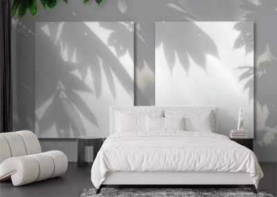 two squares of blank white framed with shadow leaves, mock up design Wall mural