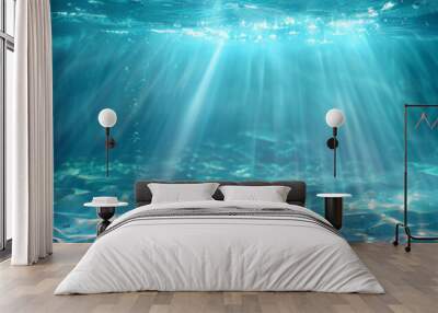 underwater scene with rays of light and sun, Underwater blue sea water with sunlight background landscape, banner Wall mural