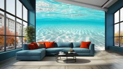 Underwater view of clear blue water, with light ripples and a white background. ocean underwater, beach underwater with white sand Wall mural