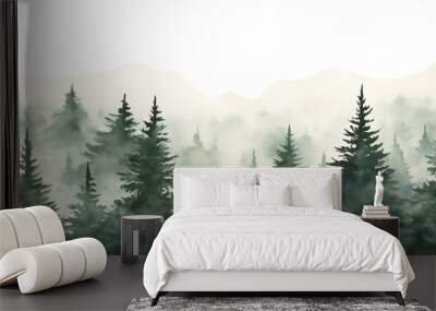 Watercolor green landscape of foggy forest hill. Evergreen coniferous trees. Wild nature, frozen, misty, taiga. Horizontal watercolor background.Hand painted watercolor illustration of misty forest Wall mural