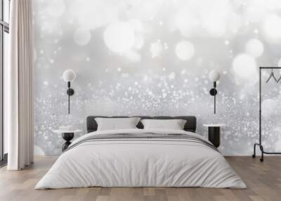 white and silver glitter background with space for text, white and grey glitter bokeh . white bokeh blur circle variety Dreamy soft focus wallpaper backdrop,Christmas snow or anniversary banner Wall mural