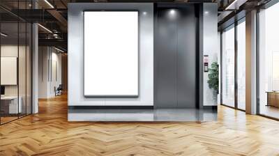 White blank digital advertising screen in an elevator with stainless steel door, A blank white billboard on white wall, Mock up Billboard Media Advertising Poster banner template Wall mural