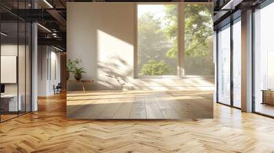 white empty room with shadow window and green plant on white wall luxury background and wooden floor Wall mural