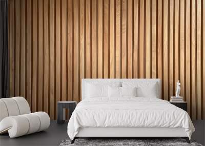 Wooden wall background with vertical slats, texture of natural wood paneling for interior design or backdrop. Wooden paneling wall.  Wall mural