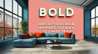 Bold retro font with numbers. Trendy 3d alphabet. Eps10 vector. Wall mural