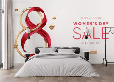 Elegant 8 March banner with golden 3d number and red ribbon. Vector illustration. Wall mural