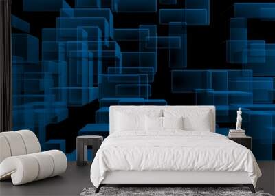 Blue and dark abstract digital and technology background. The pattern with repeating rectangles. 3D illustration Wall mural