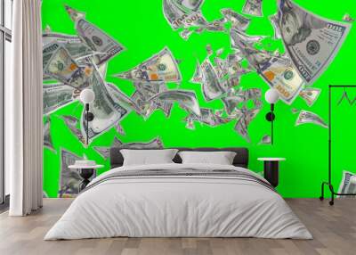 Flying dollars banknotes isolated on chromakey. Money is flying in the air. 100 US banknotes new sample. 3D illustration Wall mural