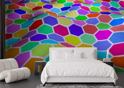 Honeycomb multi-colored. Perspective view on polygon look like honeycomb. Wavy surface. Isometric geometry. 3D illustration Wall mural