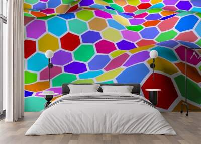 Honeycomb multi-colored. Perspective view on polygon look like honeycomb. Wavy surface. Isometric geometry. 3D illustration Wall mural