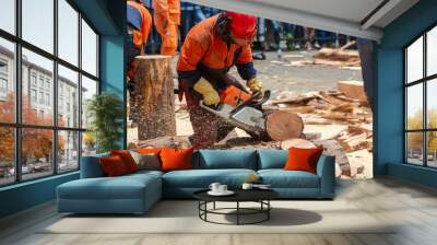 person cutting log with chainsaw Wall mural