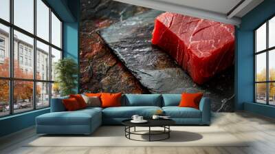 A close-up image of a raw red tuna steak on a slate cutting board Wall mural