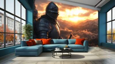 A Solitary Knight Stands Watch at Sunset, Overlooking Mountains and Valleys in Quiet Reflection Wall mural