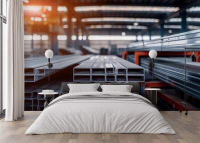 Close-up of stacked steel tubing in a manufacturing facility, highlighting the structural components used for construction projects Wall mural