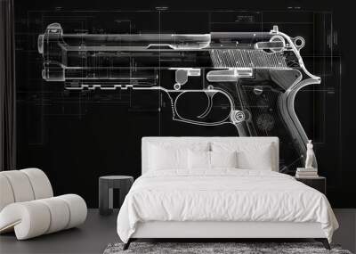 Detailed Blueprint Illustration of a Handgun With Engineering Lines Wall mural