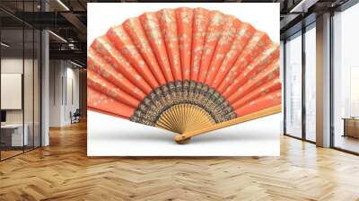 Elegant Orange Fan With Gold Accents Displayed Beautifully on a White Background Wall mural