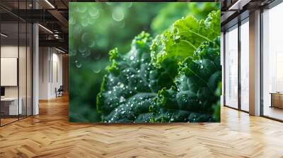 Fresh kale leaf with morning dew, vibrant green vegetable closeup Wall mural