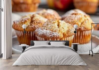 Freshly Baked Apple Cinnamon Muffins With Powdered Sugar on a White Plate Wall mural