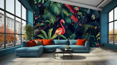 Illustration of a lush jungle scene featuring a variety of tropical animals, including flamingos, monkeys, and an assortment of colorful birds Wall mural