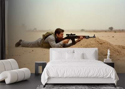 Soldier in Tactical Position Aims Rifle While Lying in Desert Environment During Military Operation Wall mural