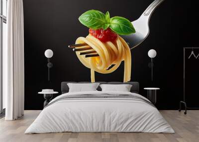 Pasta in black background. Spaghetti, tomato and basil on fork. Italian cuisine concept Wall mural