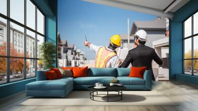 Professional civil engineer and architect in safety helmet hard hat working together in construction site, two men discuss about real estate project or production in industry Wall mural