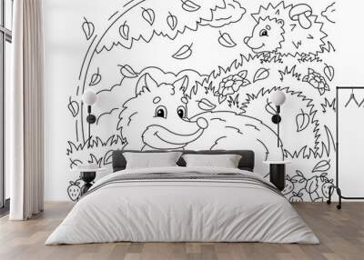 Fox and hedgehog in a forest clearing. Coloring book page for kids. Cartoon style character. Vector illustration isolated on white background. Wall mural