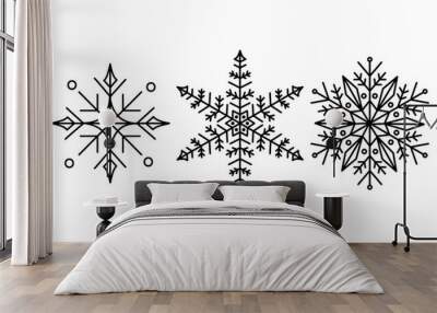 Cute hand drawn isolated black outline Christmas snowflake ornaments on transparent background png file (Set 1_no.3/18) Wall mural