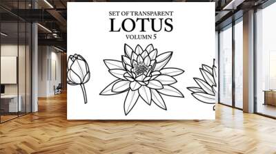 Set of isolated flower illustration in hand drawn style. Lotus in Black outline and white plane on transparent background. Floral elements for coloring book, packaging or fragrance design. Volume 5. Wall mural