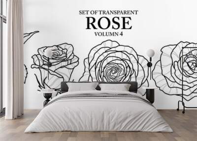 Set of isolated flower illustration in hand drawn style. Rose in black outline and white plane on transparent background. Floral elements for coloring book, packaging or fragrance design. Volume 4. Wall mural