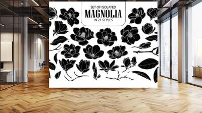 Set of isolated silhouette magnolia in 21 styles. Cute hand drawn flower vector illustration in white outline and black plane. Wall mural