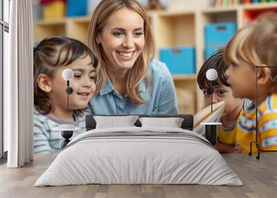 A daycare worker reading a story to a group of children with a h Wall mural