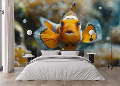 Close-up of an Orange and White Clownfish Swimming. Wall mural