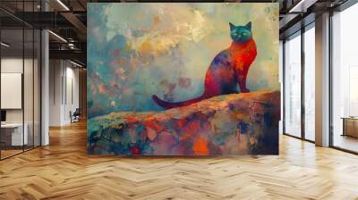 Colorful Cat on a Rock Wall mural