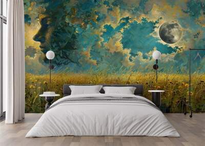 Dreamy Abstract Landscape with Moon and Face. Wall mural