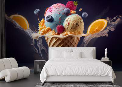 Delicious Luxury Colorful Fruits Ice Cream With Chocolate Syrup in Cone on Dark Background AI Generative Wall mural