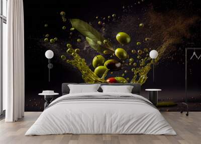 Olive Oil Flavored with Spices is Poured Over Hot Green Olives on a Dark and Moody Background AI Generative Wall mural