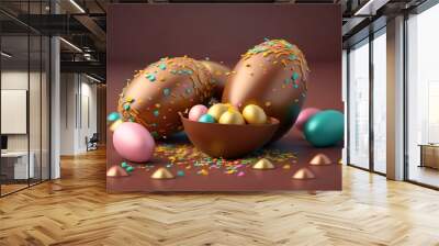 Imagen 3d realista con huevos de pascua de chocolate con confites de colores. Generados con tecnología IA	 Wall mural